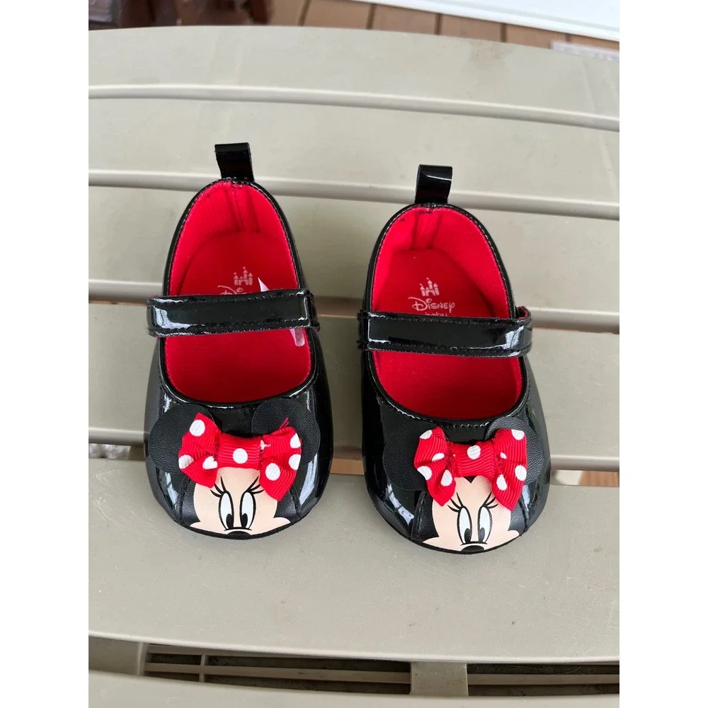 Disney Baby Minnie Mouse‎ Mary Jane Black Patent Crib Shoes Red Polka Dot 6-12M